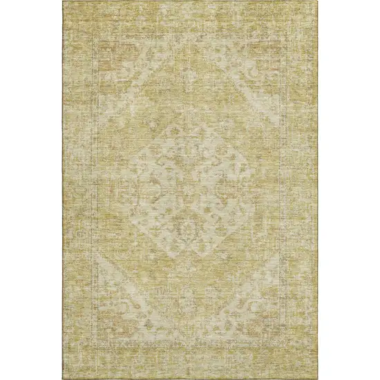 Gold And Beige Medallion Washable Area Rug With UV Protection Photo 1