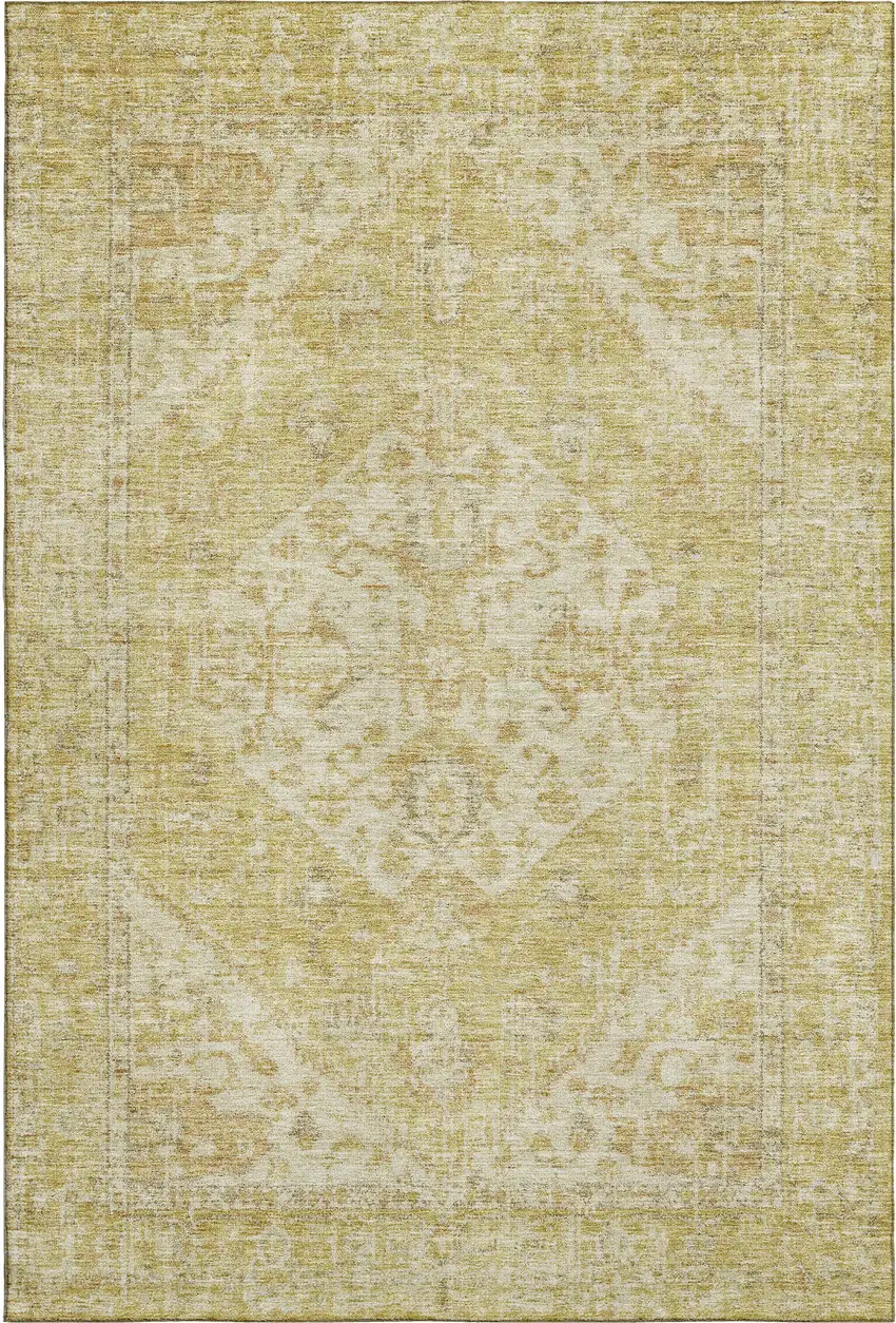 Gold And Beige Medallion Washable Area Rug With UV Protection Photo 1