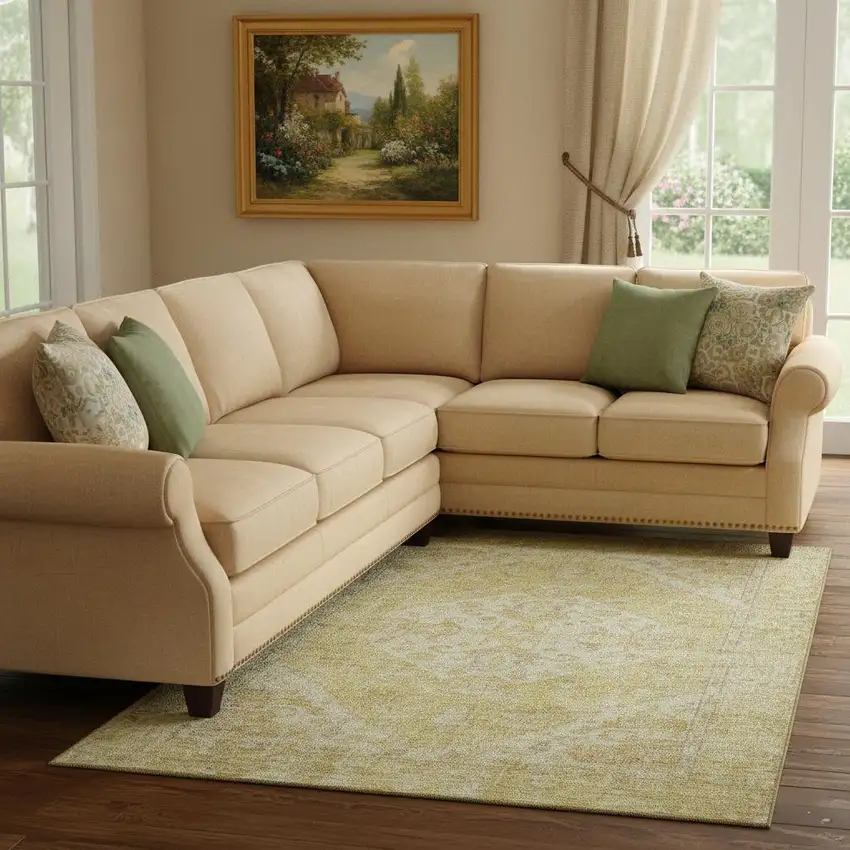 Gold And Beige Medallion Washable Area Rug With UV Protection Photo 2