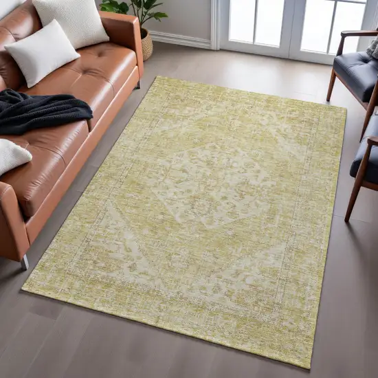 Gold And Beige Medallion Washable Area Rug With UV Protection Photo 5