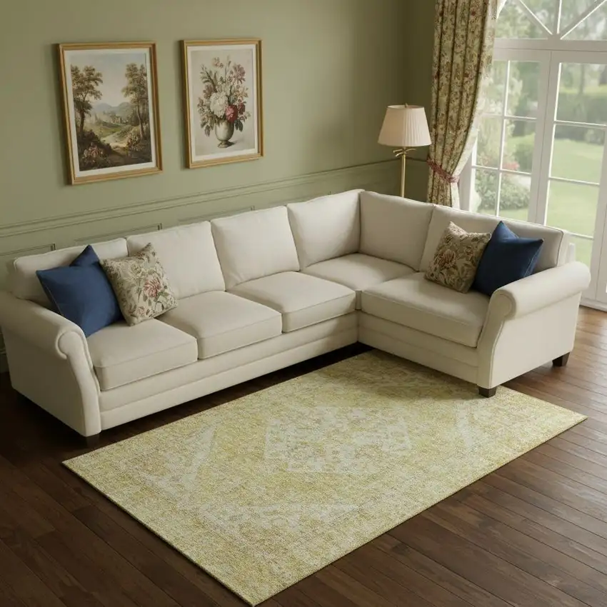 Gold And Beige Medallion Washable Area Rug With UV Protection Photo 2