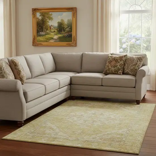 Gold And Beige Medallion Washable Area Rug With UV Protection Photo 2