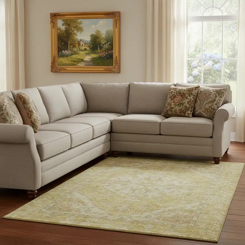 Gold And Beige Medallion Washable Area Rug With UV Protection Photo 2