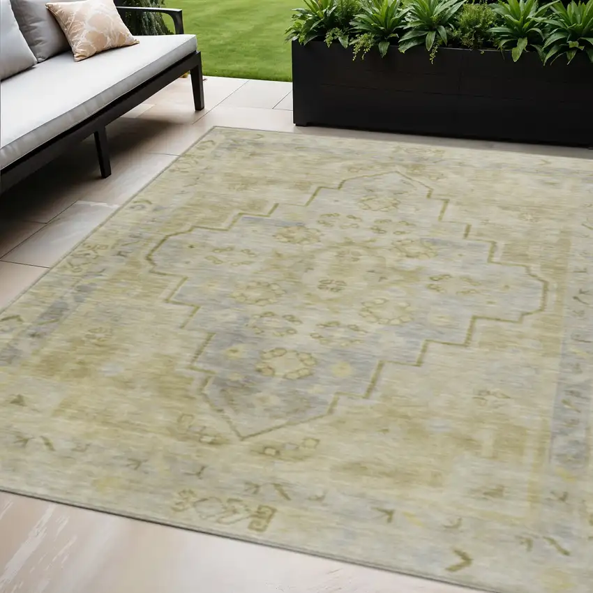 Gold And Beige Medallion Washable Indoor Outdoor Area Rug Photo 2