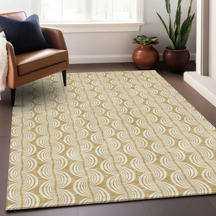Gold And Beige Ogee Washable Indoor Outdoor Area Rug Photo 8