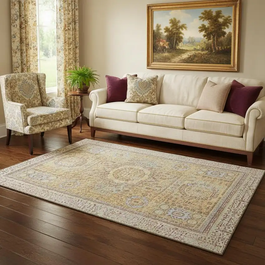 Gold And Beige Oriental Washable Area Rug With UV Protection Photo 2