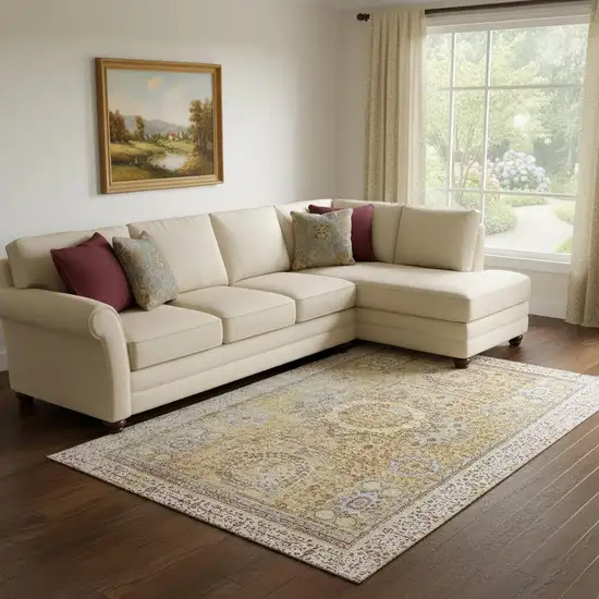 Gold And Beige Oriental Washable Area Rug With UV Protection Photo 2