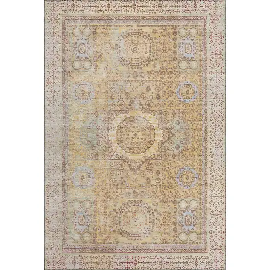 Gold And Beige Oriental Washable Area Rug With UV Protection Photo 1