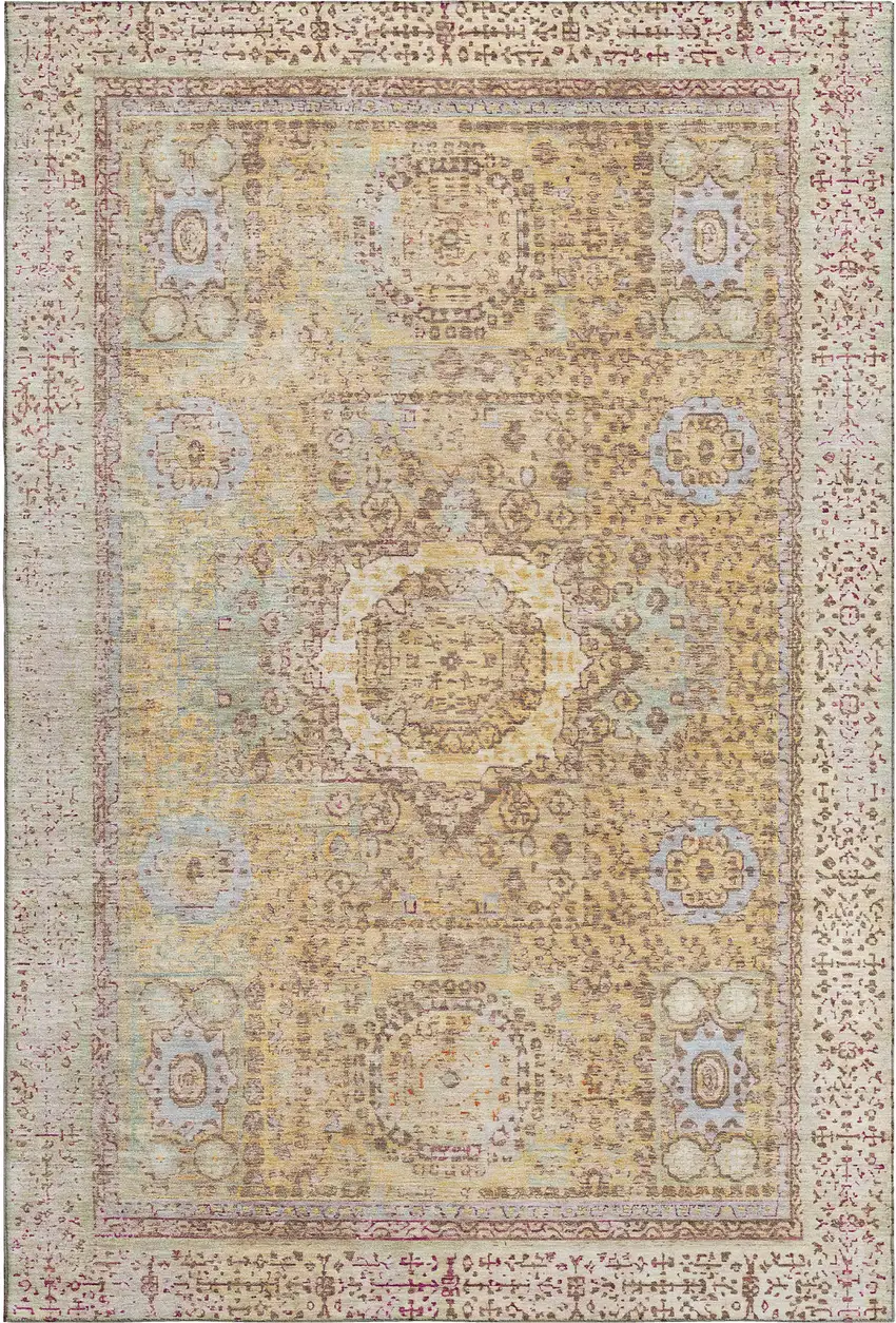 Gold And Beige Oriental Washable Area Rug With UV Protection Photo 1