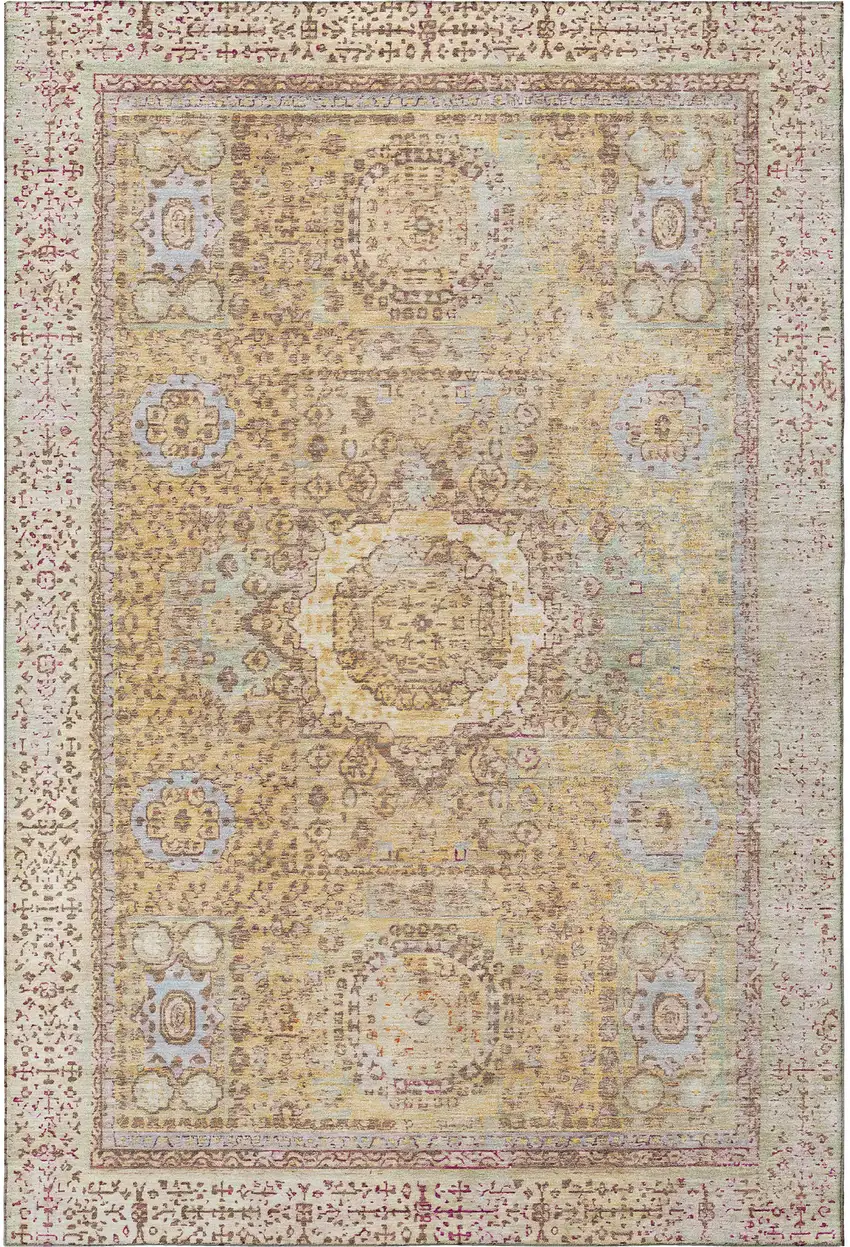 Gold And Beige Oriental Washable Area Rug With UV Protection Photo 3