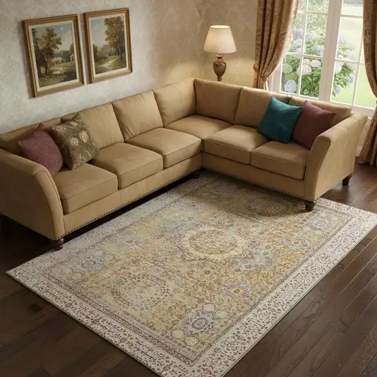 Gold And Beige Oriental Washable Area Rug With UV Protection Photo 2