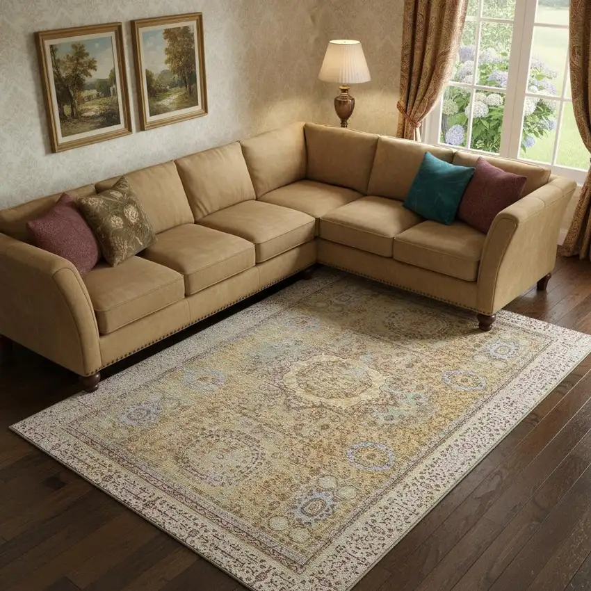 Gold And Beige Oriental Washable Area Rug With UV Protection Photo 2