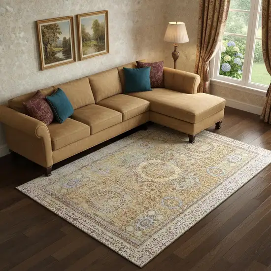 Gold And Beige Oriental Washable Area Rug With UV Protection Photo 2