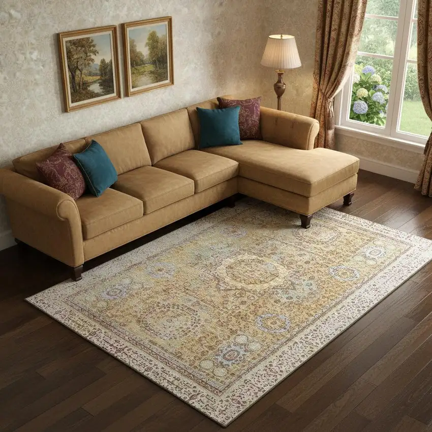 Gold And Beige Oriental Washable Area Rug With UV Protection Photo 2