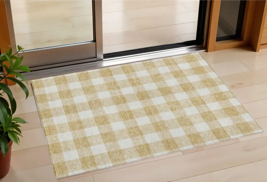 Gold And Beige Plaid Washable Indoor Outdoor Area Rug Photo 1