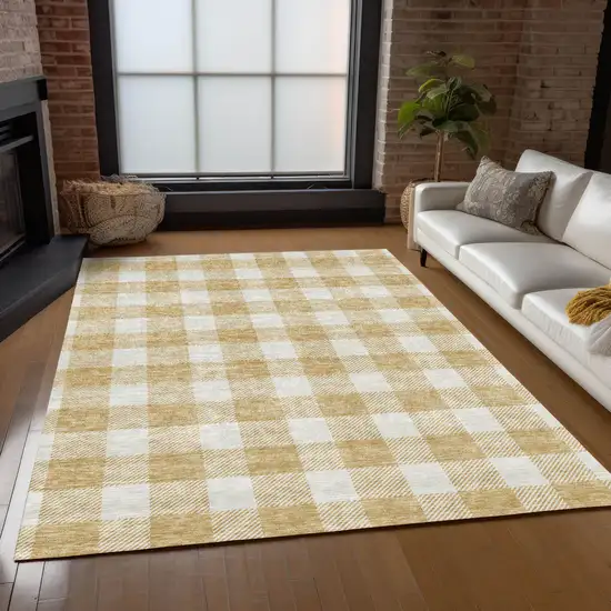 Gold And Beige Plaid Washable Indoor Outdoor Area Rug Photo 9