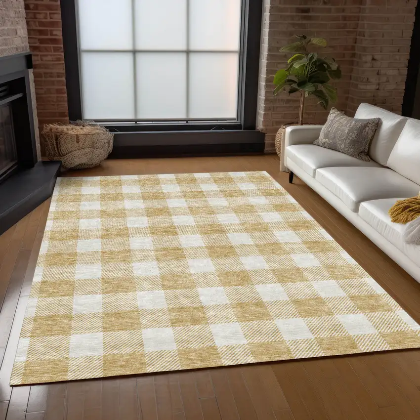 Gold And Beige Plaid Washable Indoor Outdoor Area Rug Photo 9