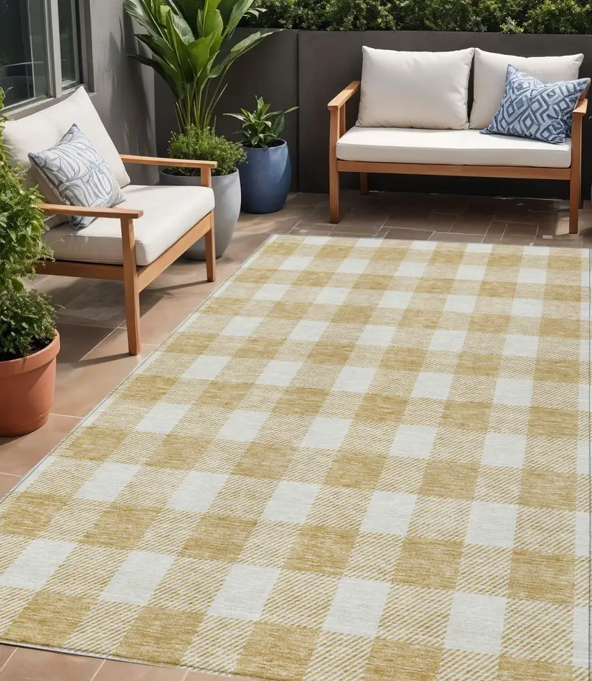 Gold And Beige Plaid Washable Indoor Outdoor Area Rug Photo 1
