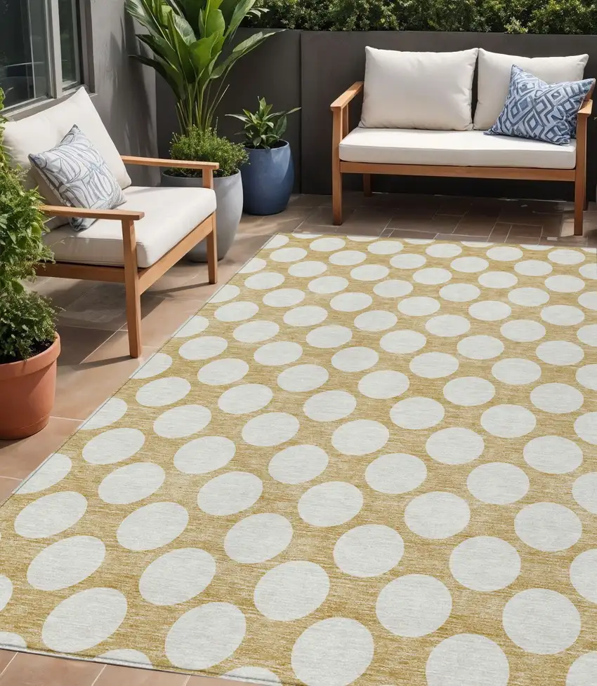 Gold And Beige Polka Dot Washable Indoor Outdoor Area Rug Photo 1