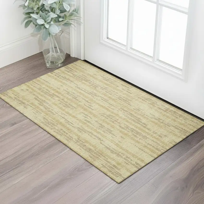 Gold And Beige Striped Washable Area Rug With UV Protection Photo 1