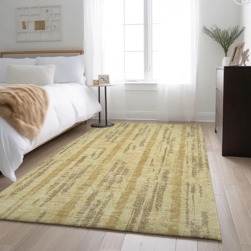 Gold And Beige Striped Washable Area Rug With UV Protection Photo 2