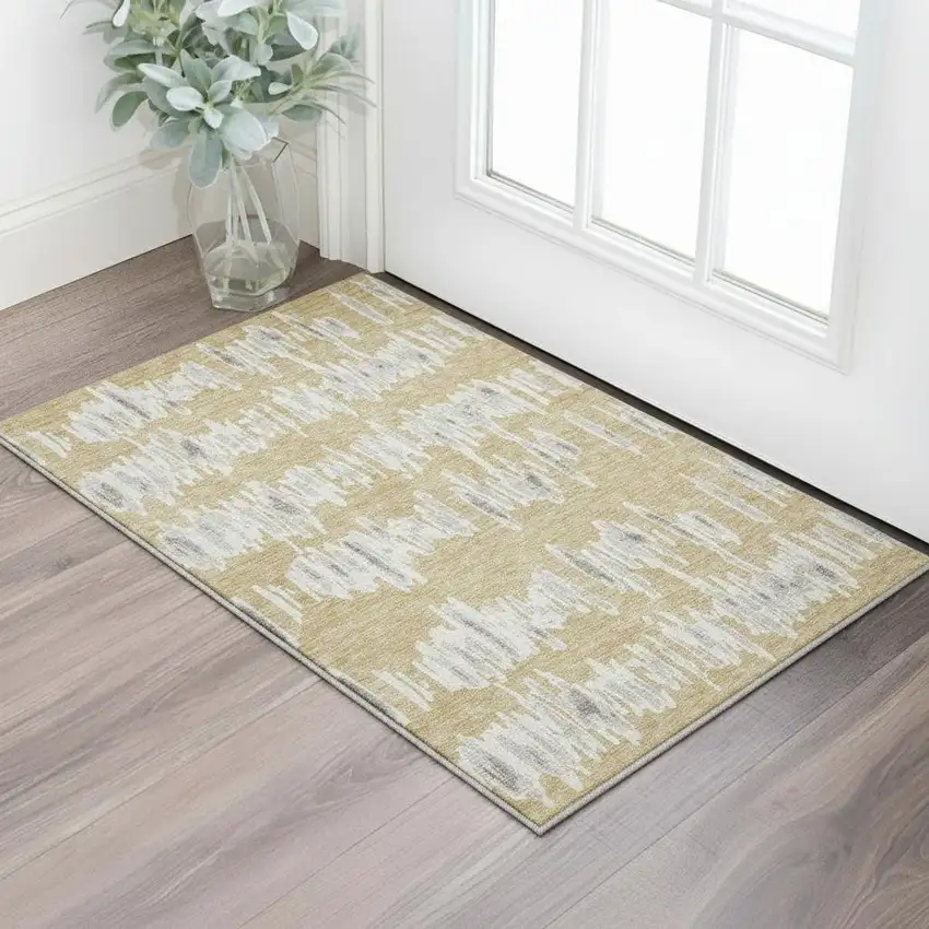 Gold And Beige Striped Washable Area Rug With UV Protection Photo 2