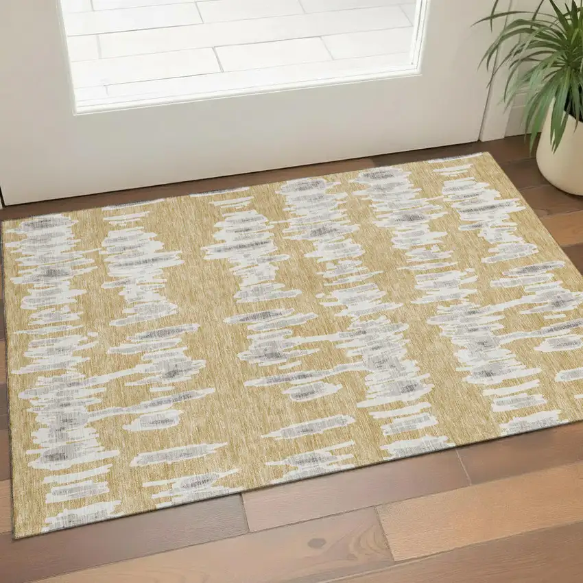 Gold And Beige Striped Washable Area Rug With UV Protection Photo 1