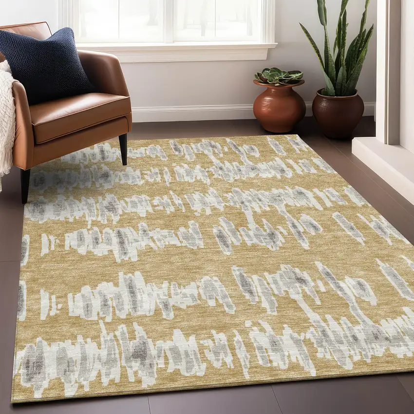 Gold And Beige Striped Washable Area Rug With UV Protection Photo 5