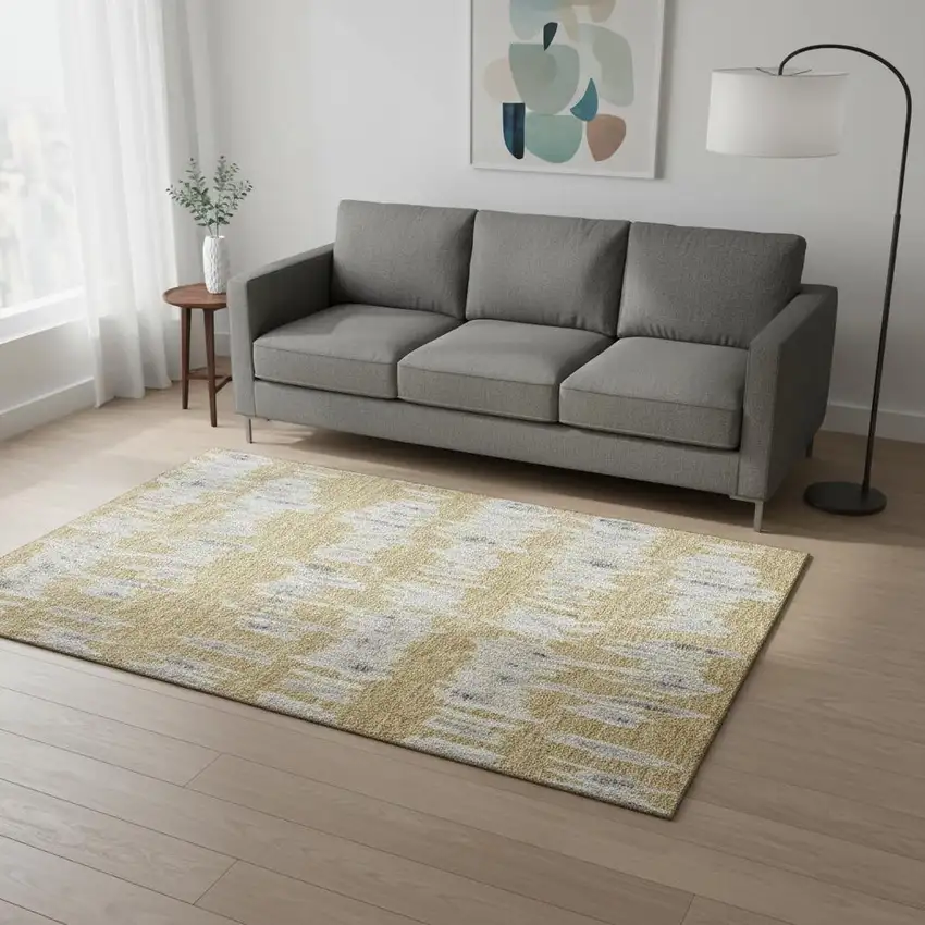 Gold And Beige Striped Washable Area Rug With UV Protection Photo 2