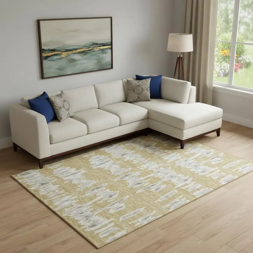 Gold And Beige Striped Washable Area Rug With UV Protection Photo 1