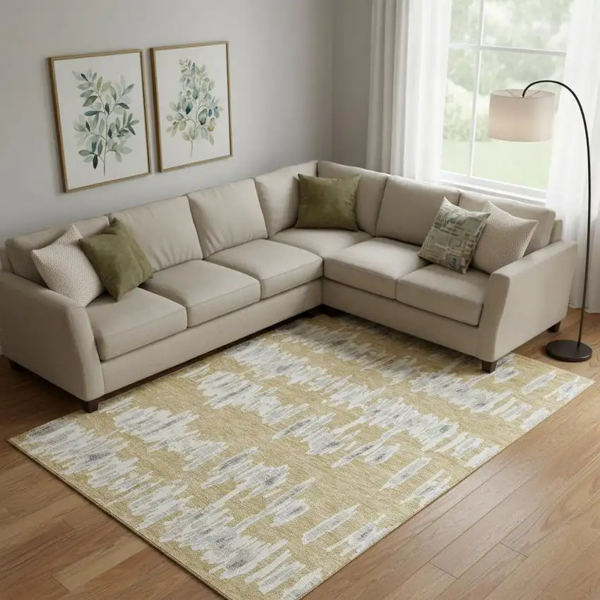 Gold And Beige Striped Washable Area Rug With UV Protection Photo 1