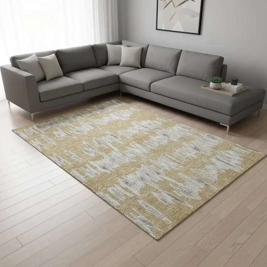 Gold And Beige Striped Washable Area Rug With UV Protection Photo 2
