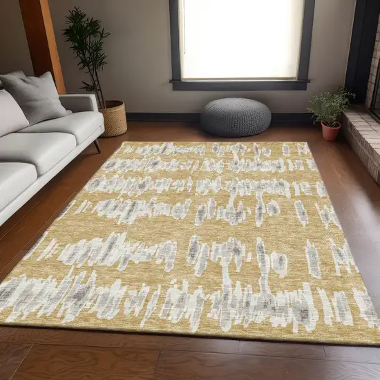 Gold And Beige Striped Washable Area Rug With UV Protection Photo 5