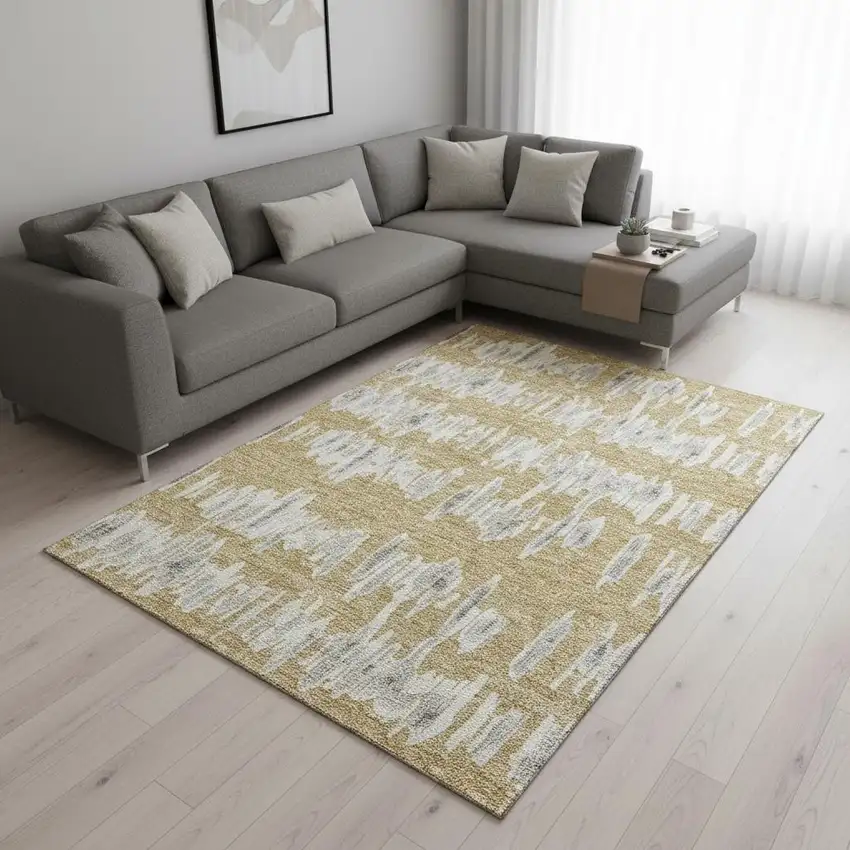 Gold And Beige Striped Washable Area Rug With UV Protection Photo 2