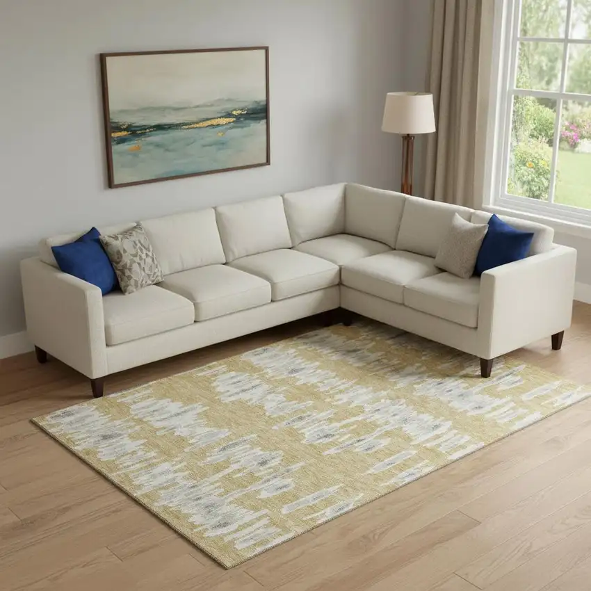 Gold And Beige Striped Washable Area Rug With UV Protection Photo 1