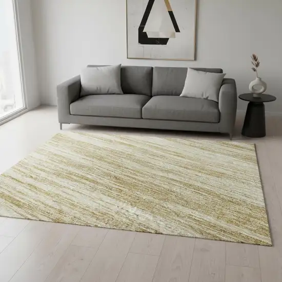 Gold And Beige Striped Washable Area Rug With UV Protection Photo 2