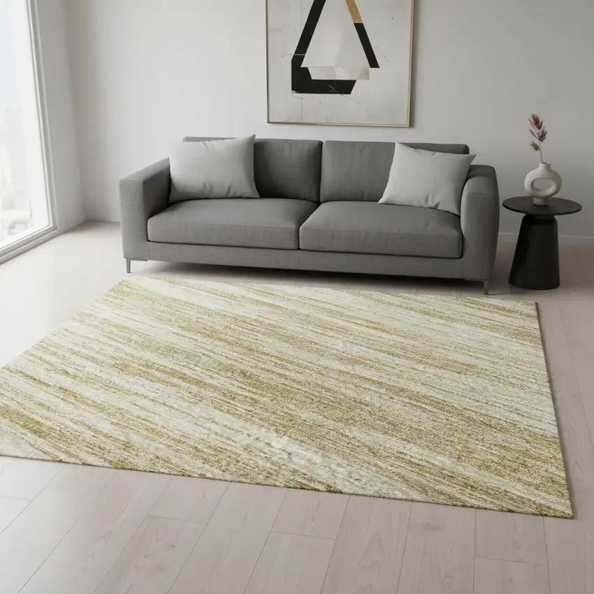 Gold And Beige Striped Washable Area Rug With UV Protection Photo 2