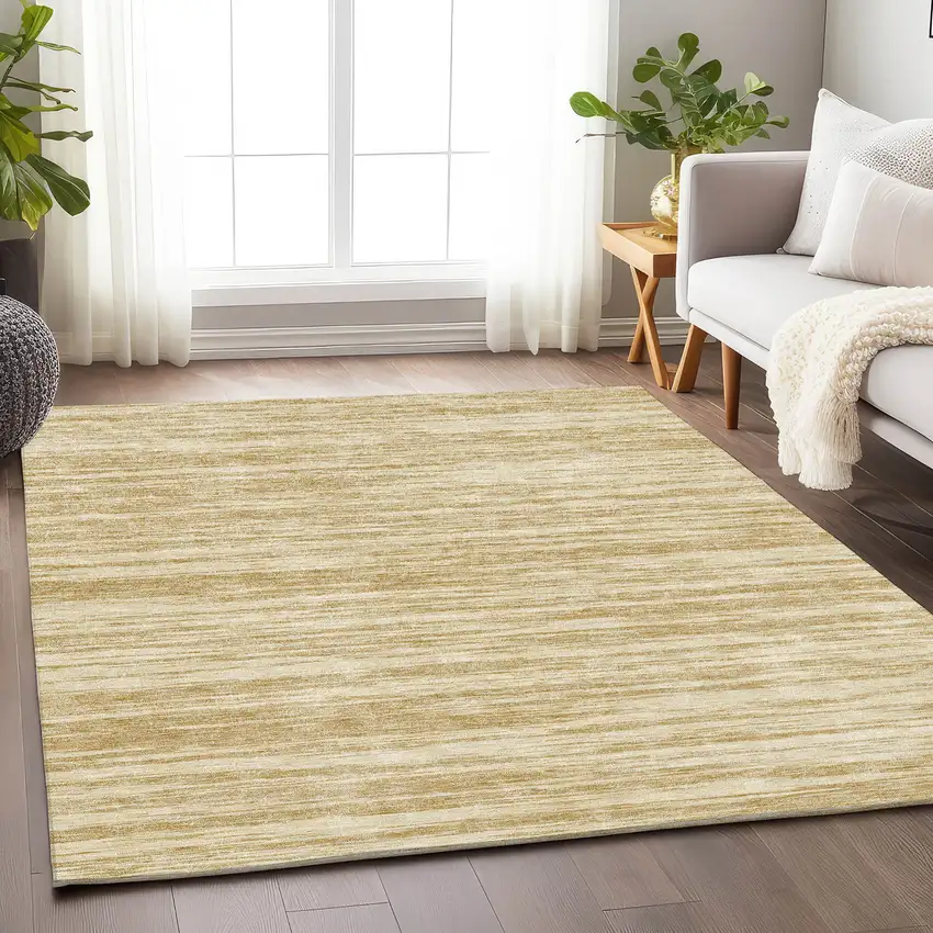 Gold And Beige Striped Washable Area Rug With UV Protection Photo 3