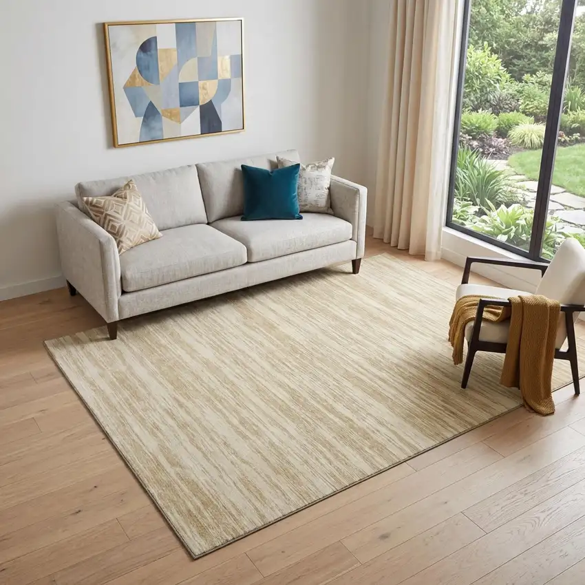 Gold And Beige Striped Washable Area Rug With UV Protection Photo 1
