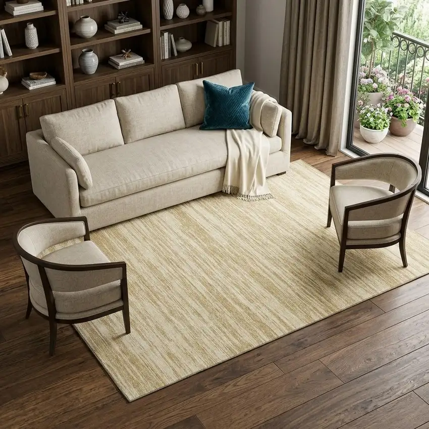 Gold And Beige Striped Washable Area Rug With UV Protection Photo 1