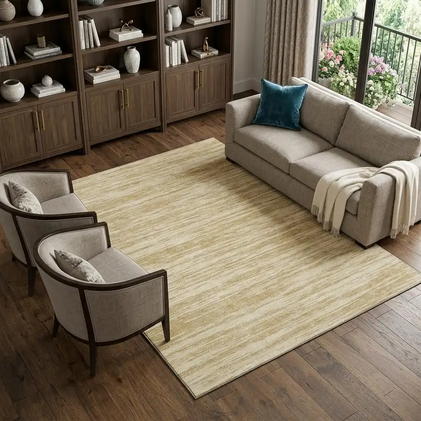 Gold And Beige Striped Washable Area Rug With UV Protection Photo 1