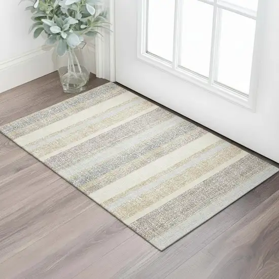 Gold And Beige Striped Washable Area Rug With UV Protection Photo 2