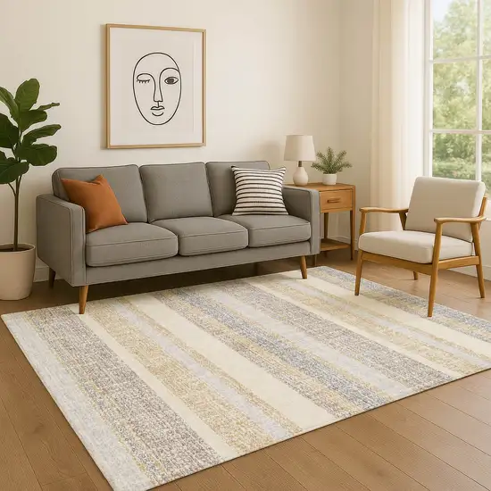 Gold And Beige Striped Washable Area Rug With UV Protection Photo 5