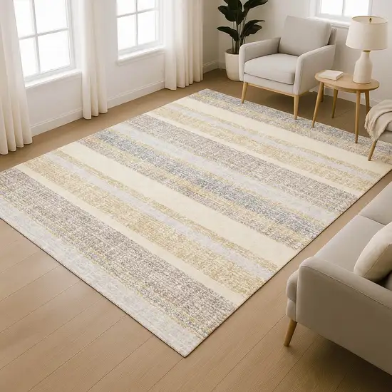 Gold And Beige Striped Washable Area Rug With UV Protection Photo 6