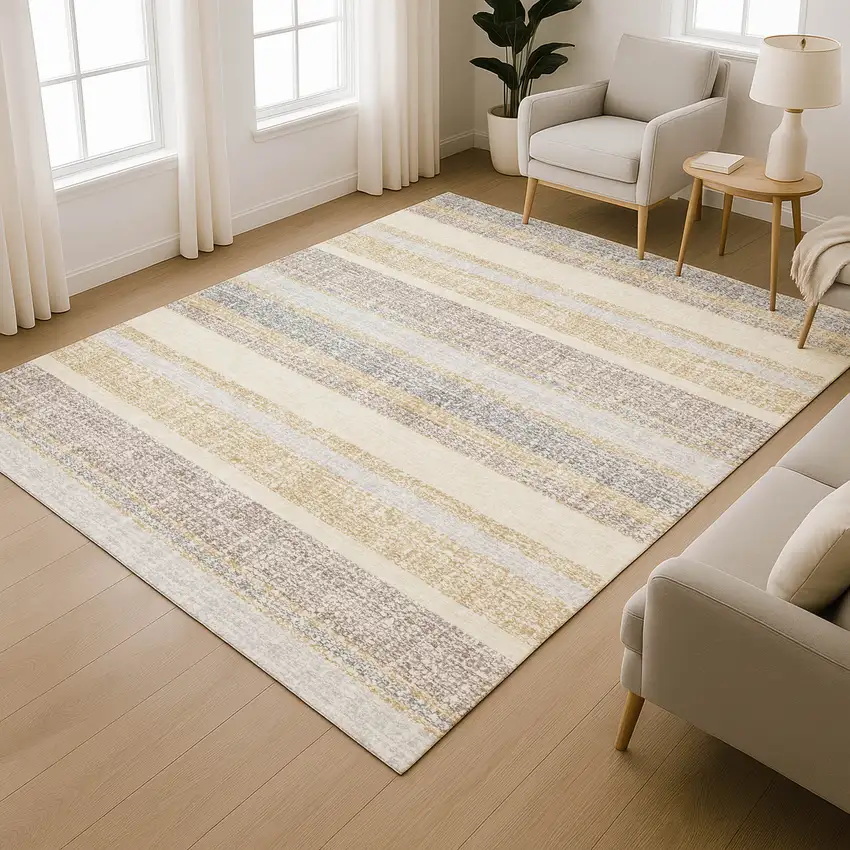 Gold And Beige Striped Washable Area Rug With UV Protection Photo 6