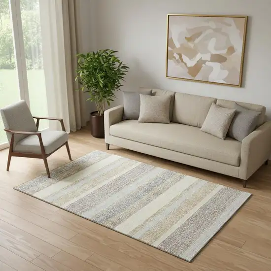 Gold And Beige Striped Washable Area Rug With UV Protection Photo 2