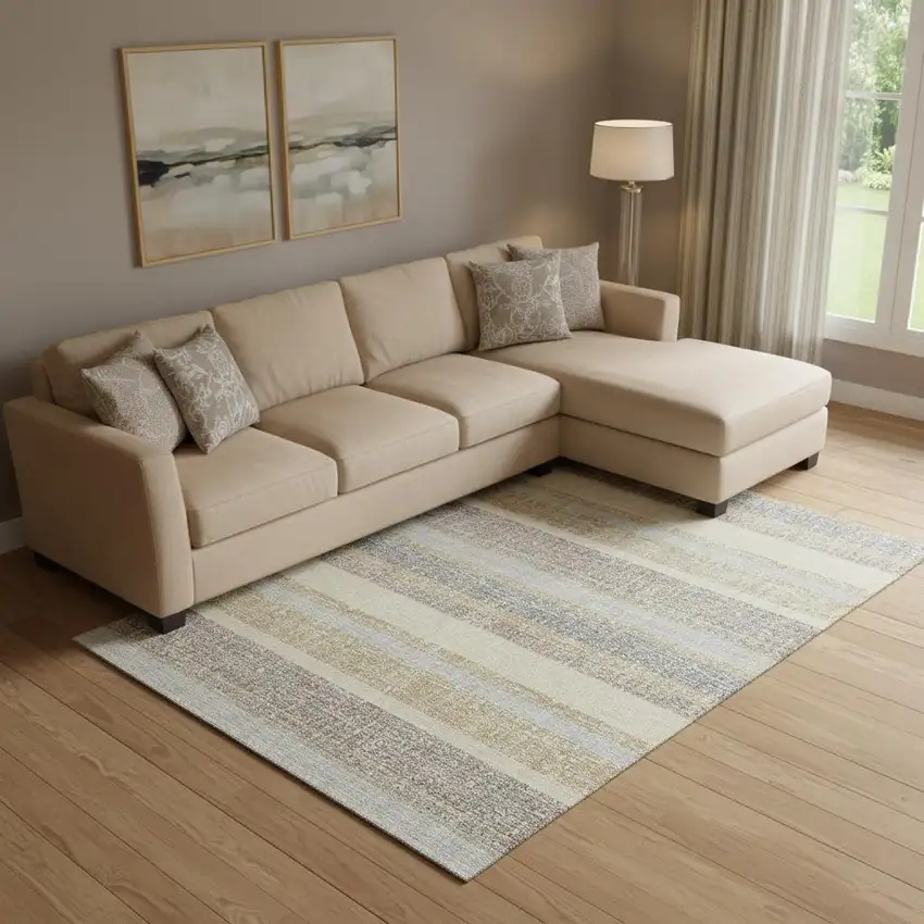 Gold And Beige Striped Washable Area Rug With UV Protection Photo 2