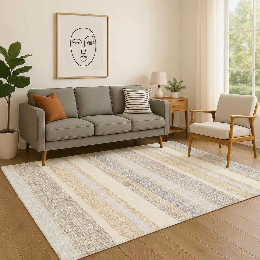 Gold And Beige Striped Washable Area Rug With UV Protection Photo 5