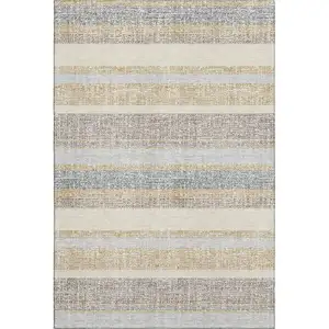 Photo of Gold And Beige Striped Washable Area Rug With UV Protection