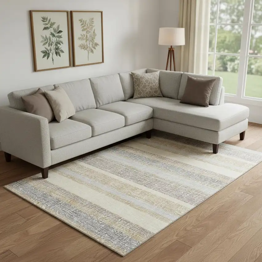 Gold And Beige Striped Washable Area Rug With UV Protection Photo 2